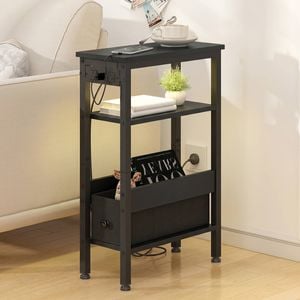 Advwin LED Side Table w/ Charging Station Narrow Bedside Table w/ Open Drawer & Open Shelf Black