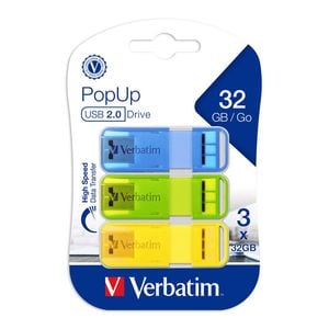 Verbatim POP-UP USB 2.0 32GB Triple Pack Flash Drives Assorted Bright Colours