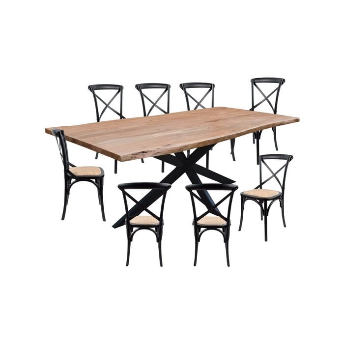 Lantana 9pc 240cm Dining Table 8 Black X-Back Chair Set Live Edge Acacia Wood