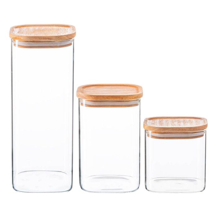 Argon Tableware Glass Storage Jar Set With Airtight Wooden Lids - 3 Sizes Square Cube Kitchen Storage Container Preserving Jars