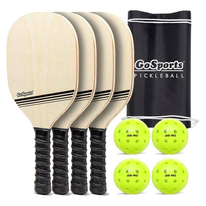 Premium Starter PickleBall Set with 4 Paddles, 4 Regulation Pickleballs and Carry Case. Classic Wood Style