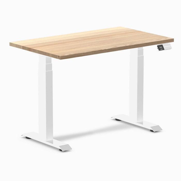 Desky Dual Mini White Ash Hardwood Sit To Stand Desk 1000x600mm White Frame