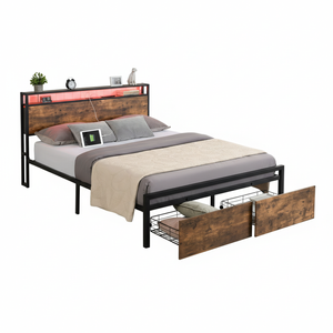 Maxhomm Queen Bed Frame With Storage Drawers, Rgb Led Headboard, Charging Station, 450kg Heavy Duty