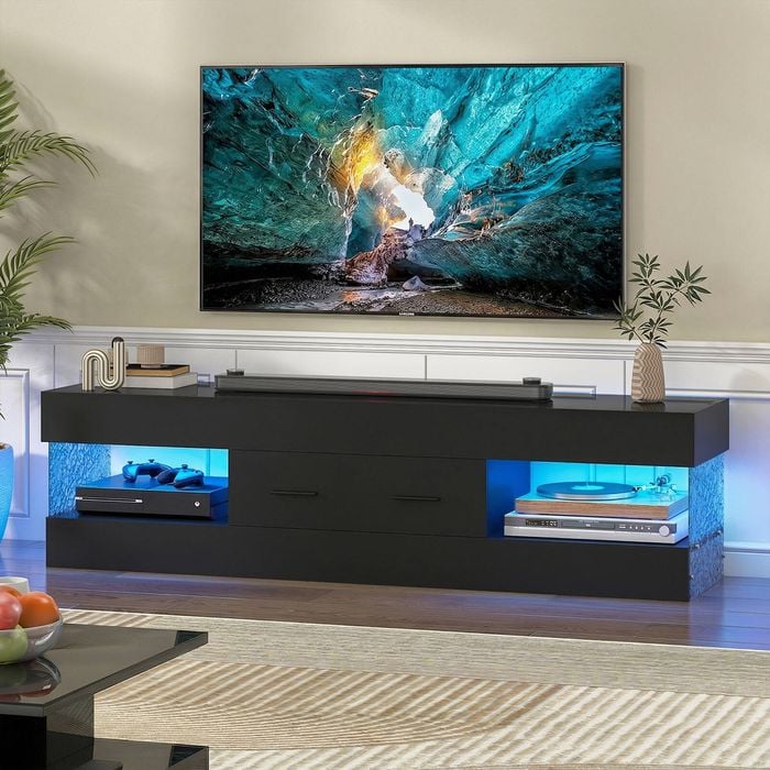 Advwin 152cm LED TV Unit Cabinet Gloss Entertainment TV Stand w/ Water Corrugated Panels & Drawer Black