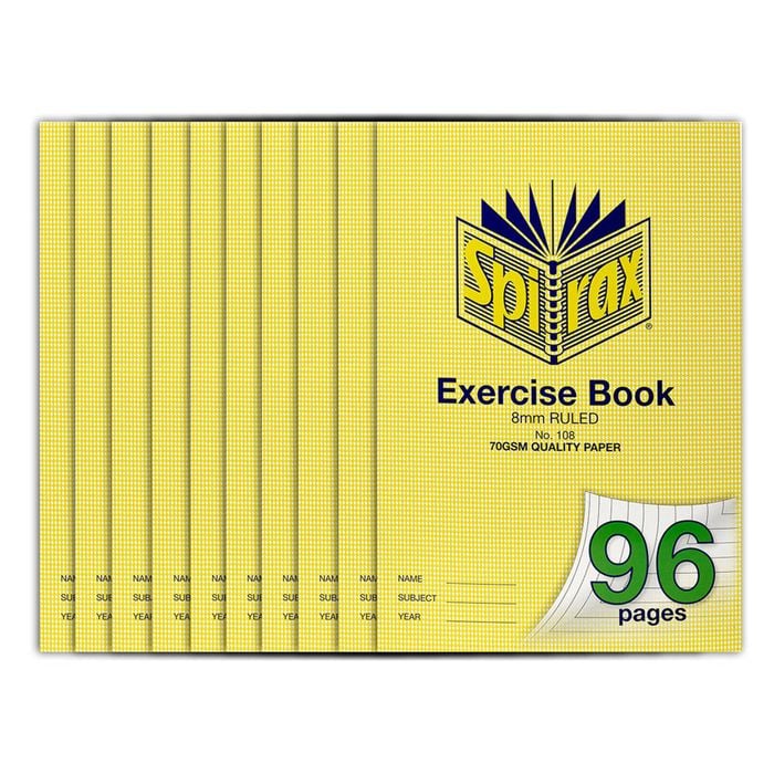 10x Spirax 70gsm 96 Pages A4 8mm Ruled No.108 Exercise Book School Notebook