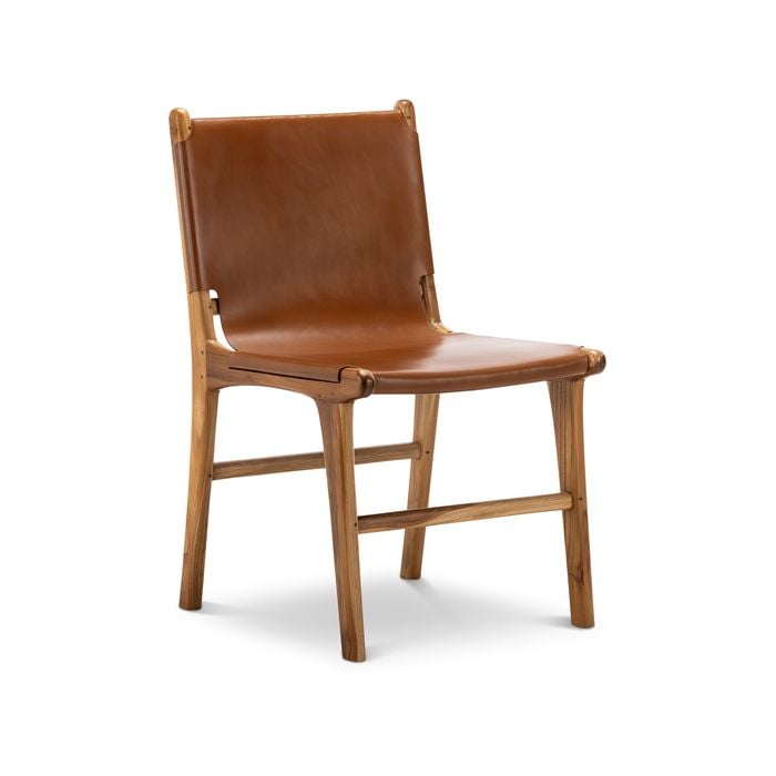 Lazie Set of 2 Coco Tan Leather Sling Dining Chairs in Teak Wood