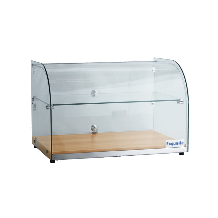 Exquisite Two Tiers Curved Glass Ambient Cake Display – Natural Oak Colour 45 Litre