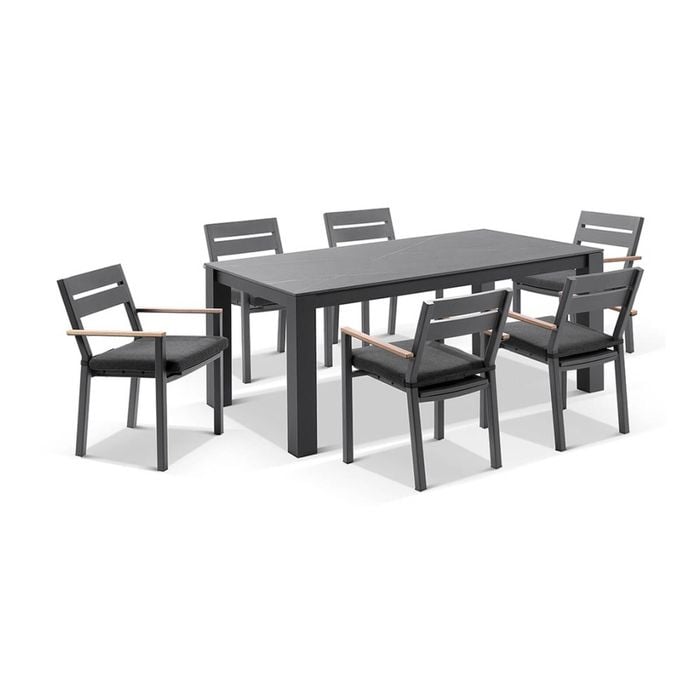 Santorini Ceramic 1.8M Outdoor Aluminium Dining Table With 6 Capri Chairs Setting