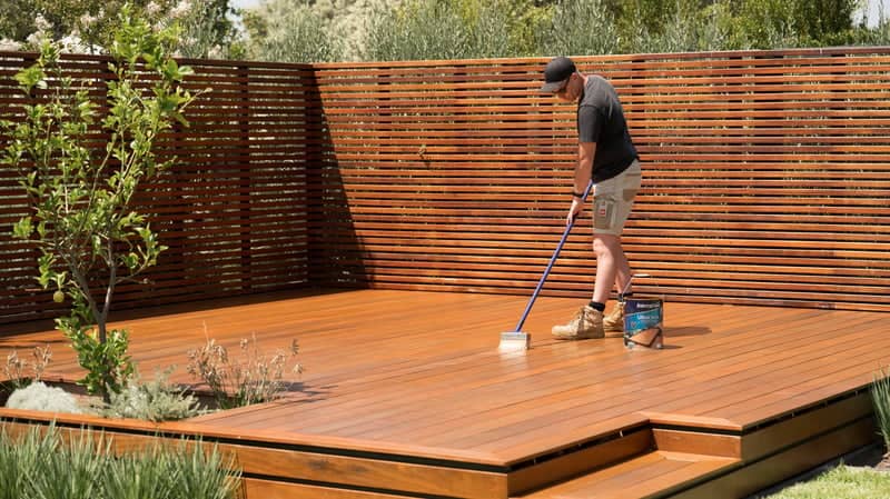 Man applying topcoat to deck