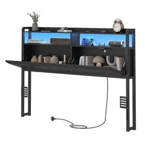 Ufurniture Headboard PU Upholstered Double Size with Hidden Storage Outlets and LED Light Black