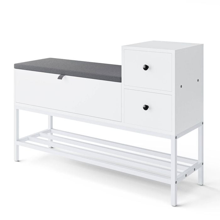 Advwin Shoe Rack Bench w/ Flip Top Cabinet & Drawers Shoe Organiser with Cushion & Side Hook White