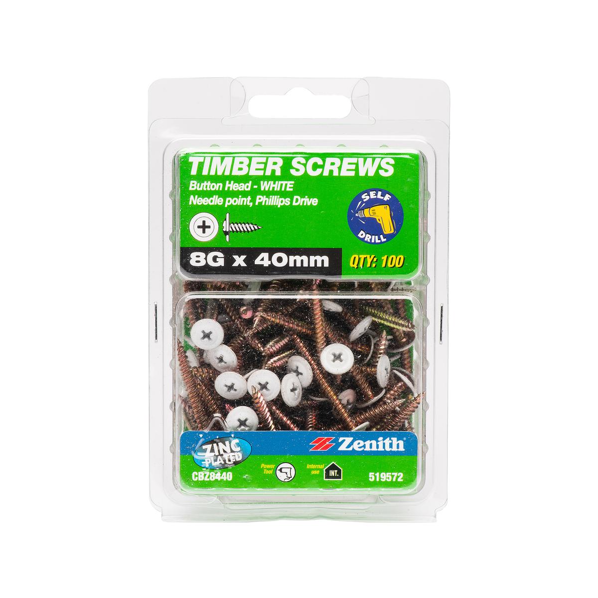 Zenith 8G x 40mm Zinc Plated Needle Point White Button Head Timber ...