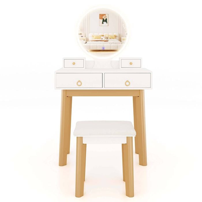 Costway 3-color Led Lighted Makeup Dressing Table Vanity Set W/mirror White