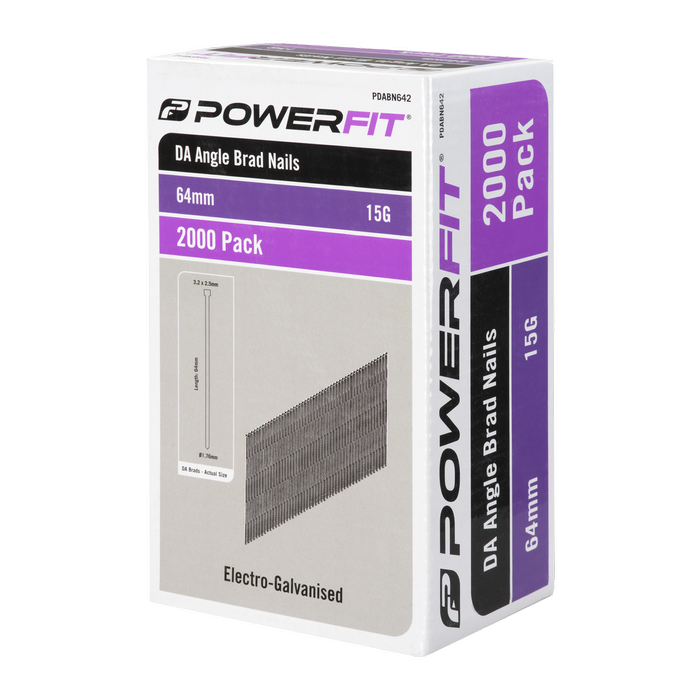 PowerFit 64mm Electro-Galvanised DA Angled Brad Nails - 2,000 Pack