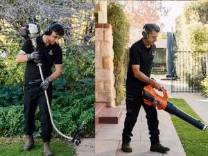 A shot of three members of the Frank The Lawn Mower Man using power garden tools