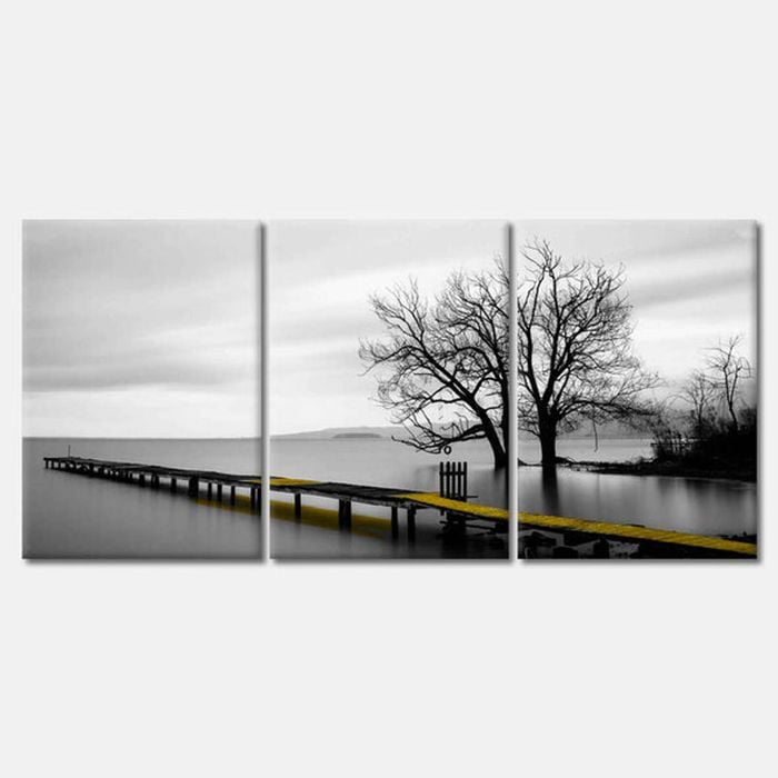 3 Set of Yellow Wooden Pier Lake Print 100% Australian Made 3 x 50x75cm (Stretched Canvas)