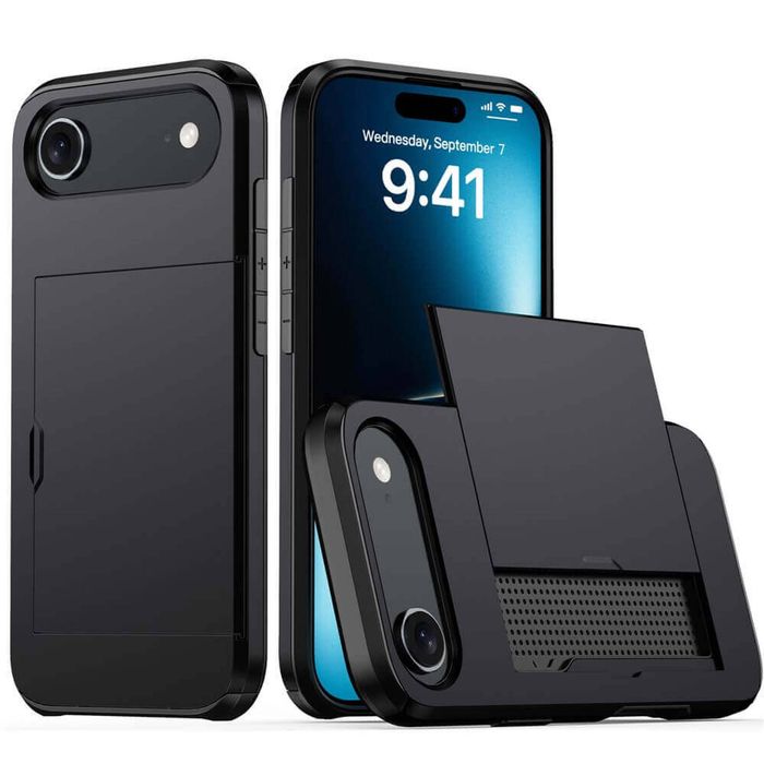 For Apple iPhone 17 Air Slide Armor Card Holder Wallet Protective Shockproof Hard Dual Layer Back Cover (Black)