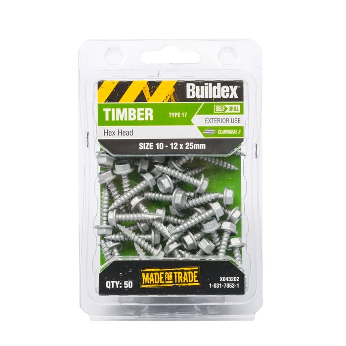 Buildex 10-12 x 25mm Climaseal Hex Head Timber Screws - 50 Pack