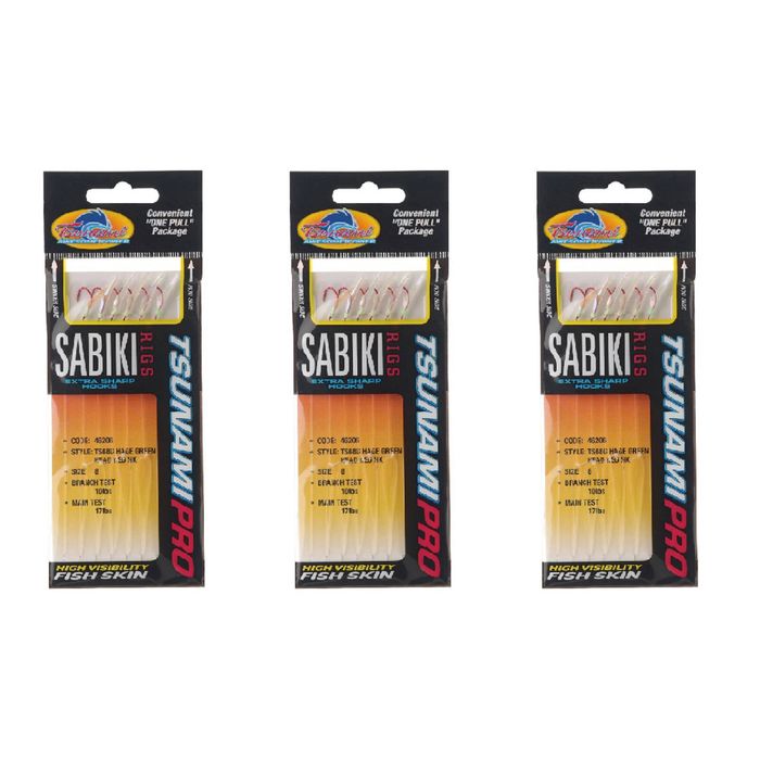 3x Tsunami 6 Red Hook Sabiki Rig - TS68G Hage Green Head Flash and Beads Size 8