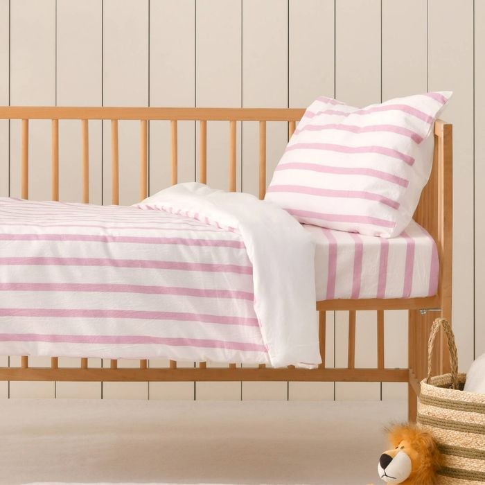 Dreamaker Baby Bask Washed Cotton Yarn Dyed Stripe Quilt Cover Set Pink Pearl Cot
