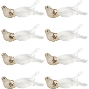 8PK Urban Elegant Bird Feather Clip Christmas Decoration 16cm White/Gold