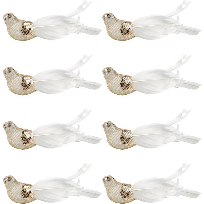 8PK Urban Elegant Bird Feather Clip Christmas Decoration 16cm White/Gold