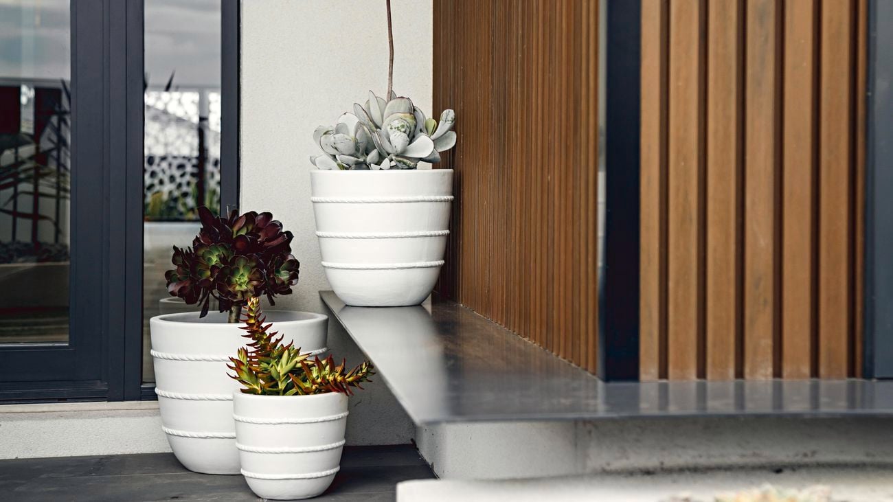 Three white Tuscan Path outdoor pots styled near a front door