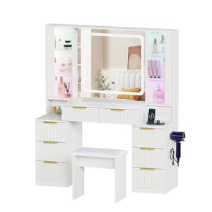 Ufurniture Fluted Makeup Vanity Desk Stool Set with LED Strip Charging Station 3-Color Lights White