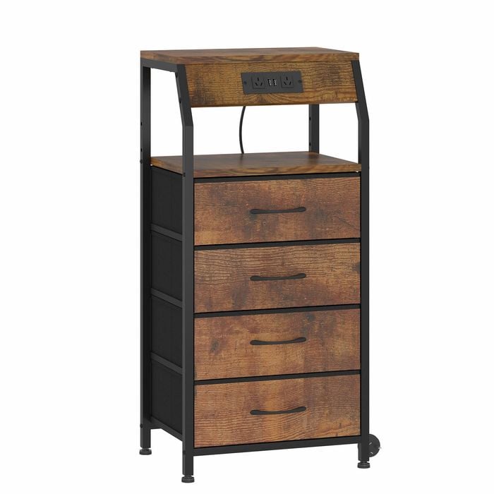 Advwin Bedside Table With Charging Station, 4-drawer Fabric Nightstand With Storage Shelf Rustic Brown