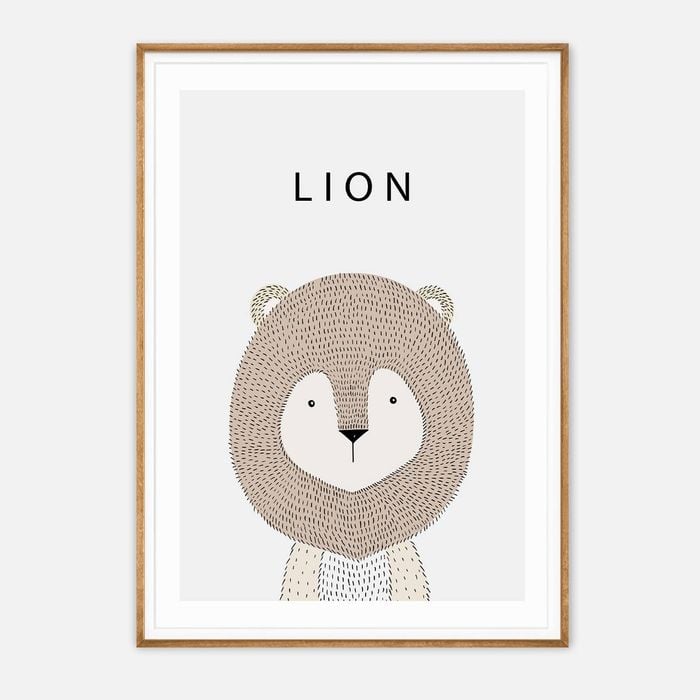 Galrie Charming Minimalist Lion Art Print for Kids' Room Decoration, Wood Frame, A4 21 x 30cm (8 x 12inch)