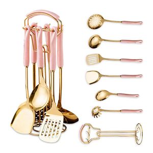 Catzon 7 Pcs Stainless Steel Kitchen Utensils for Cooking with Hanging Shelf-PinkA