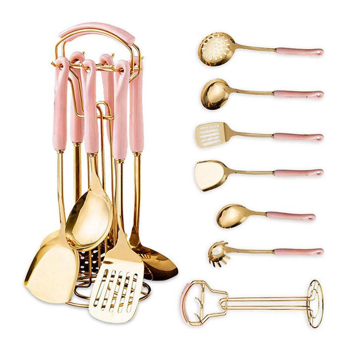 Catzon 7 Pcs Stainless Steel Kitchen Utensils for Cooking with Hanging Shelf-PinkA