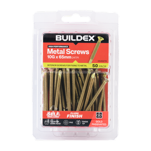 Buildex 10G x 65mm Gold Passivated Sheet Metal Screws - 50 Pack