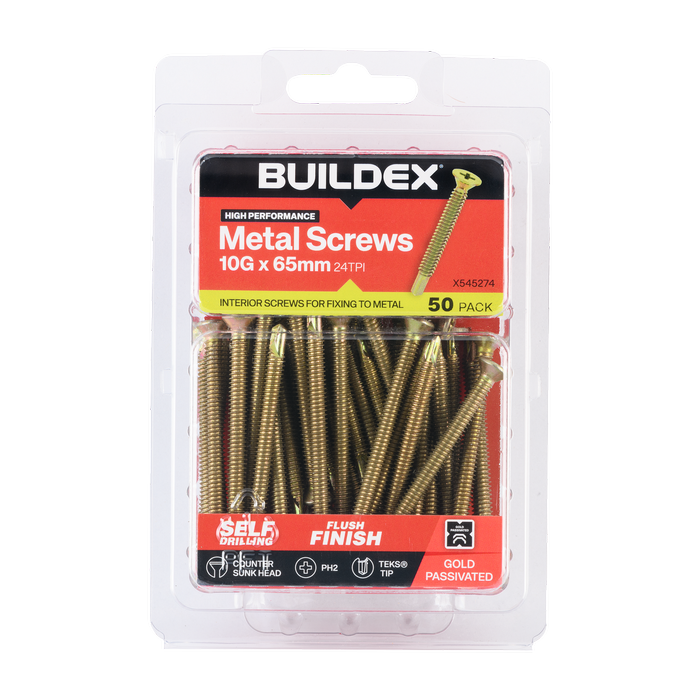 Buildex 10G x 65mm Gold Passivated Sheet Metal Screws - 50 Pack