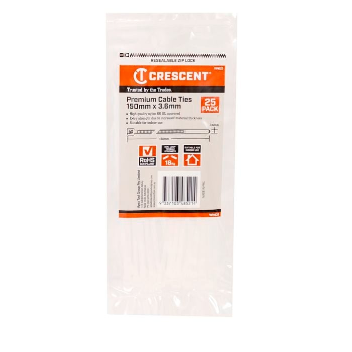  Crescent 150 x 3.6mm Natural Cable Ties - 25 Pack