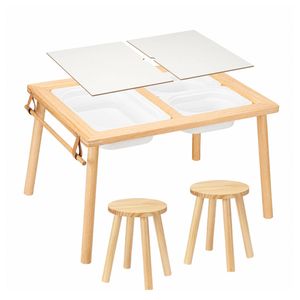 PlayPals Sensory Table Set Wooden w/ Double-Sided Board 2 Stools Storage Bins