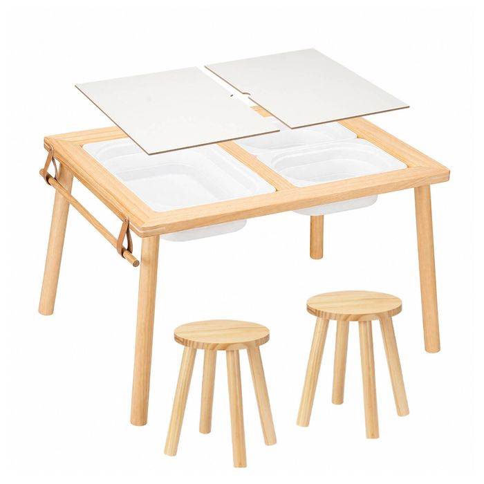 PlayPals Sensory Table Set Wooden w/ Double-Sided Board 2 Stools Storage Bins