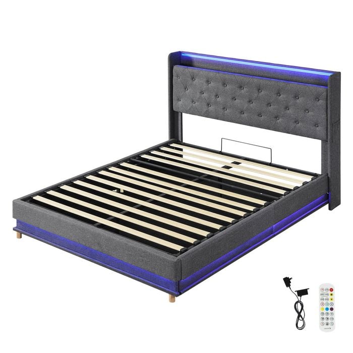 Levede Gas Lift Bed Frame with RGB LED Lights Storage Headboard USB Charging Double Grey