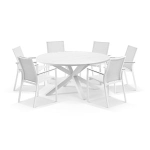 Houston Outdoor 1.5m Round Aluminium Table With 6 Patonga Dining Chairs White