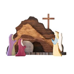 P&P Multicolour Wooden Easter Nativity Scene Religious Christian Tabletop Decoration Set