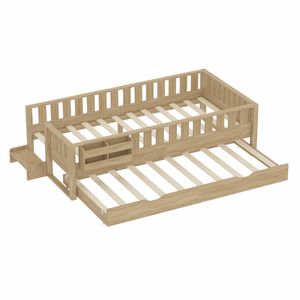 Ufurniture Low Kids Bed Wood Daybed with Guardrails Bookshelf Trundle Stairs Oak