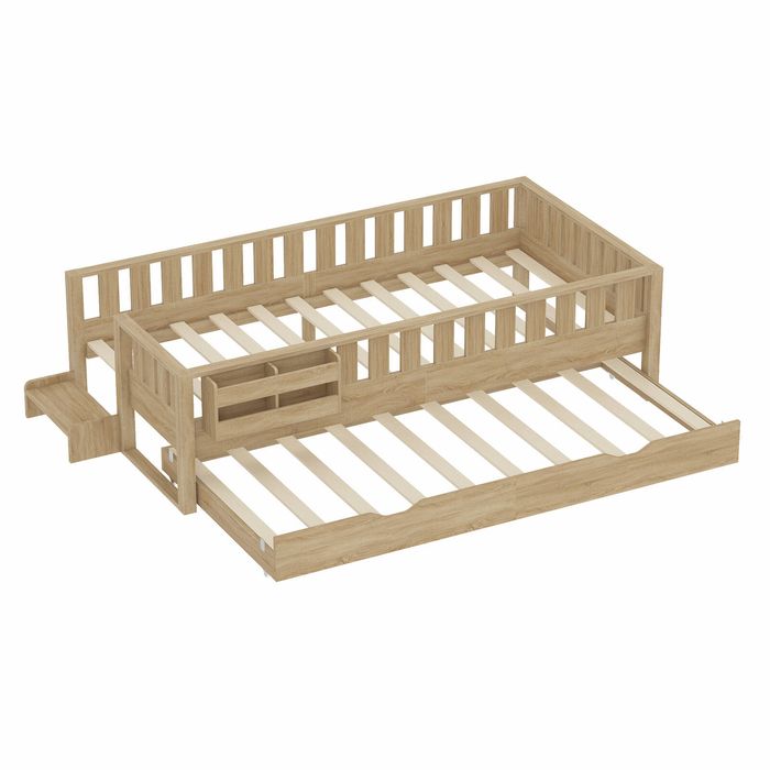 Ufurniture Low Kids Bed Wood Daybed with Guardrails Bookshelf Trundle Stairs Oak
