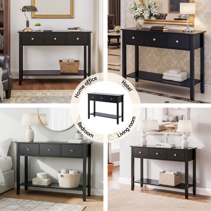 Homfurn Console Table – 100cm, Black, 3 Drawers With Open Shelf, Vintage Handles, Minimalist Design