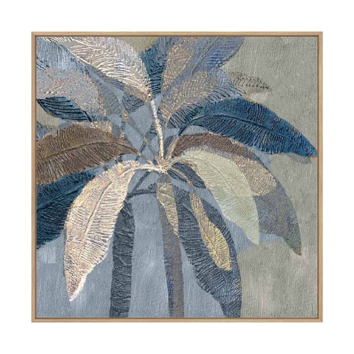 Artey | Golden Blue Palms I - Framed Canvas - Natural Frame - 140 x 140cm