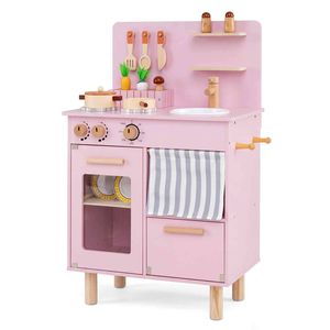 Costway Kid Play Kitchen Flip-down Cabinet Curtained Compartment-Pink