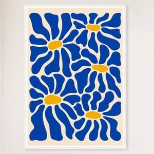 Galrie Vibrant Blue Flowers - Matisse Inspired Abstract Art Print for Home Decor, White Frame, A3 30 x 42cm (12 x 16inch)