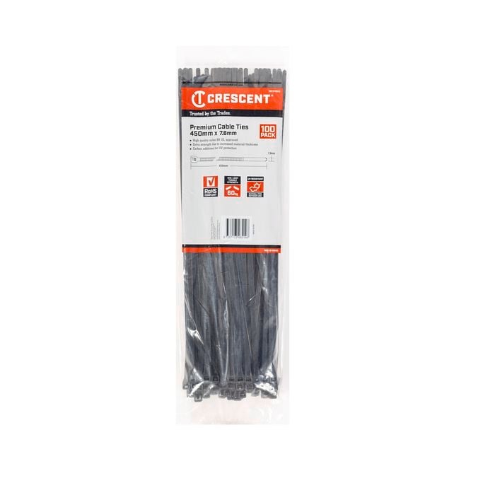 CRESCENT 450 x 7.6mm Black Cable Ties - 100 Pack