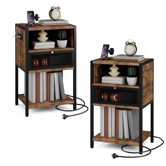 Advwin 2xBedside Table with Charging Station Metal Mesh Drawer Nightstand Side Table Rustic Brown