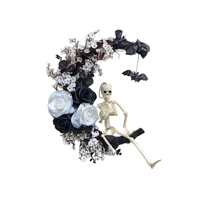 Lifebay Halloween Moon Black Wreath Skull Bones Bats Roses