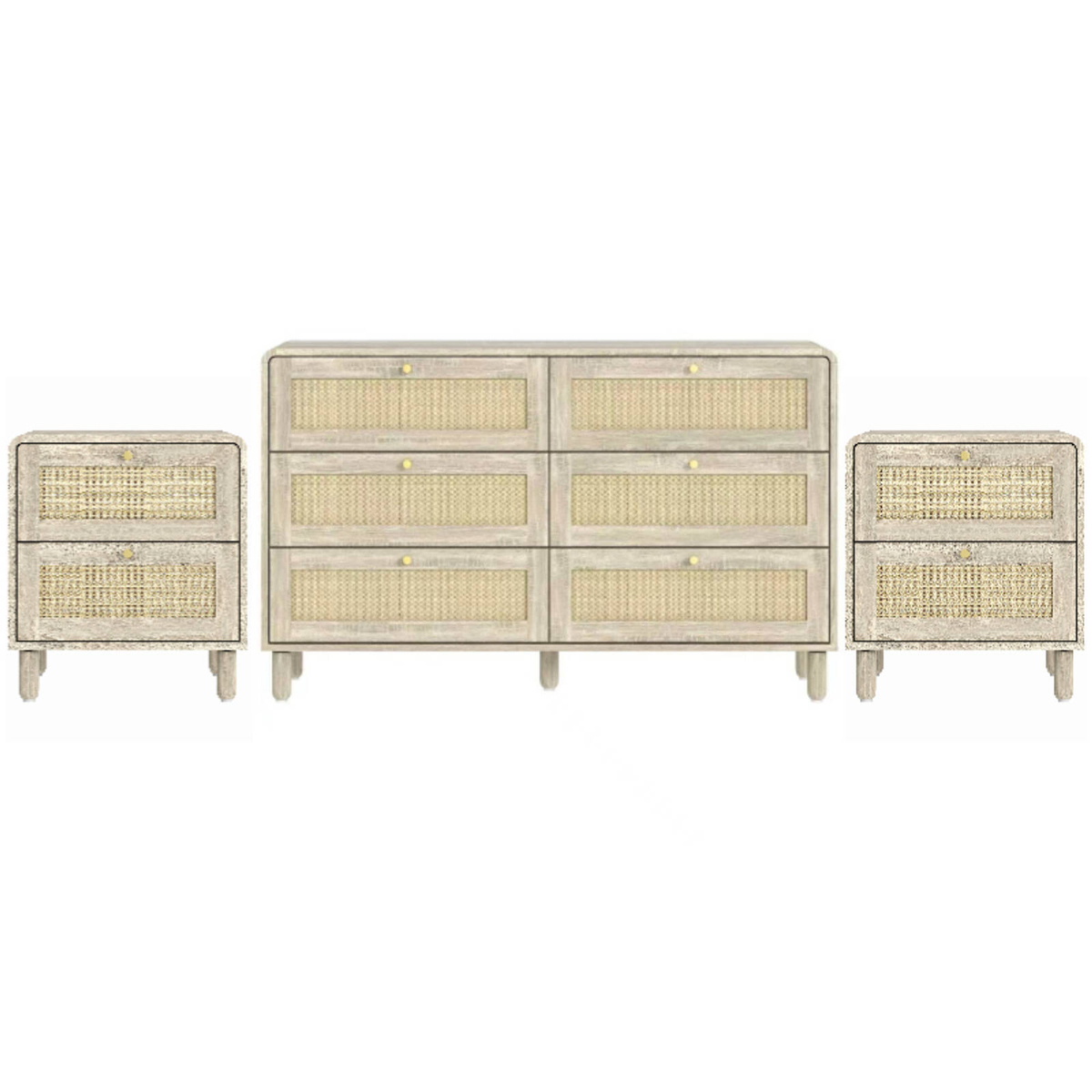 Cosmoliving Natural Rattan 6 Drawer Dresser & Pair of 2‑Drawer Bedside ...